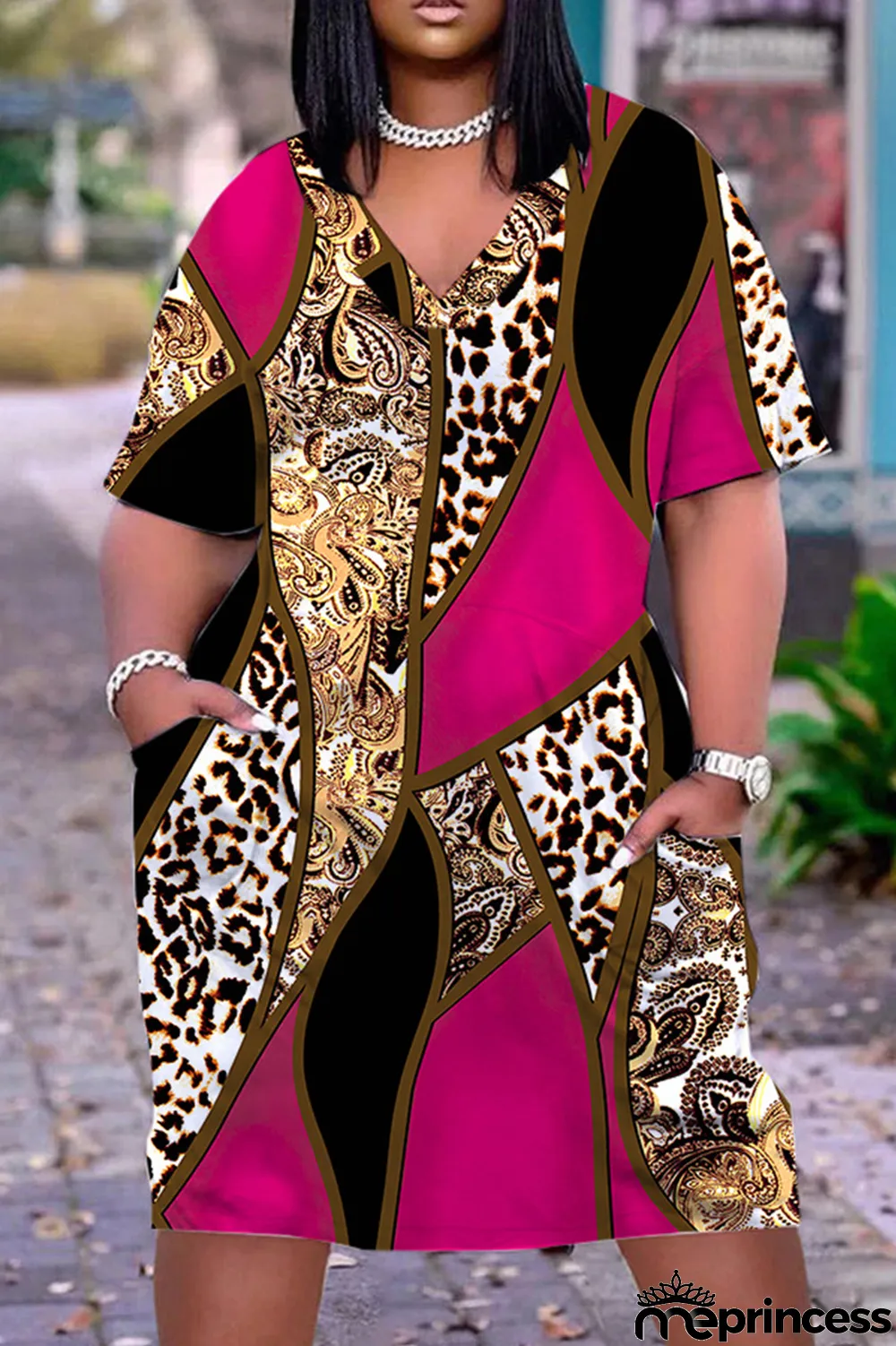 Orange Red Casual Print Patchwork Basic V Neck Short Sleeve Dress