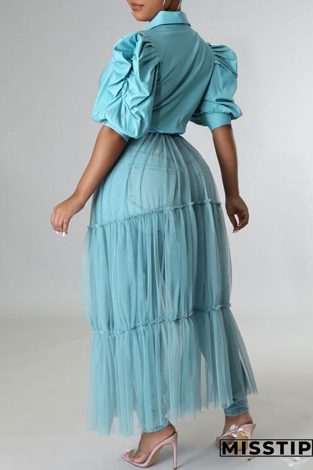 Yellow Fashion Casual Solid Patchwork Mesh Turndown Collar Shirt Dress