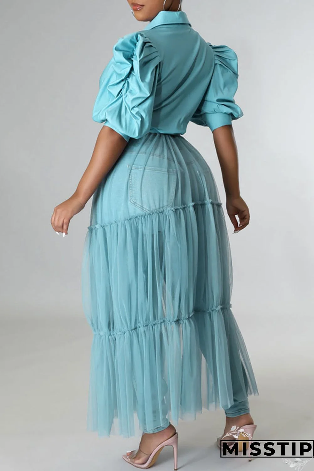 Yellow Fashion Casual Solid Patchwork Mesh Turndown Collar Shirt Dress