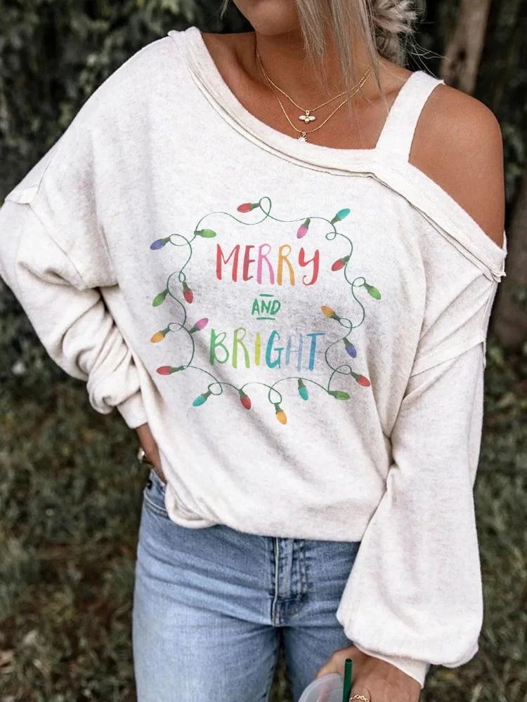 Women's Merry And Bright Letter Illuminations Print Sweatshirt