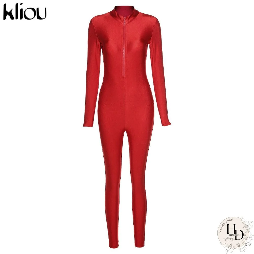 Kliou Zipper Solid Bodycon Womens Jumpsuit New Fashion Streetwear Skinny Long Sleeve One Piece Active Jumpsuits