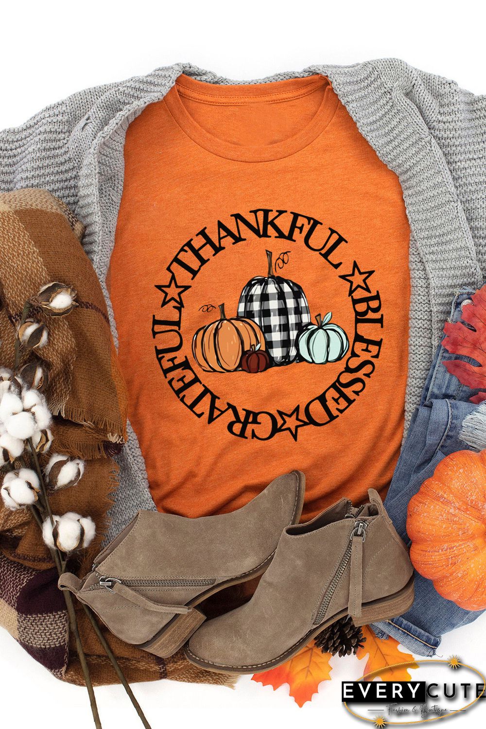 Orange Thankful Blessed Grateful Pumpkin Print Graphic T Shirt