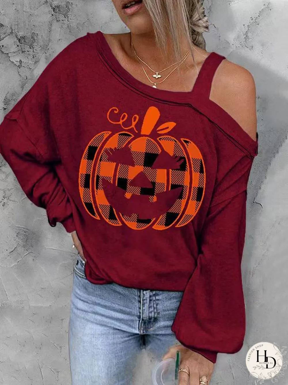 Slant Cold Shoulder Halloween Element Pattern Shirt