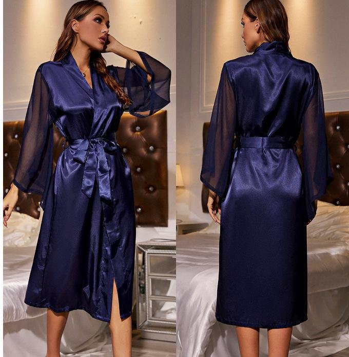 Navy Blue Robe Kimono Sexy Mesh Sleeve Bathrobe Satin Sleepwear Nightgown Lounge Wear Summer Gown Sleepdress Loungewear