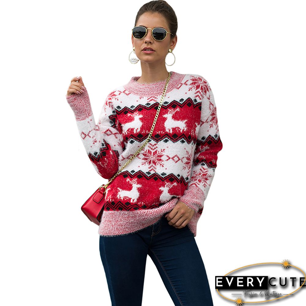 Red Snowflake with Reindeer Print Pullover Sweater