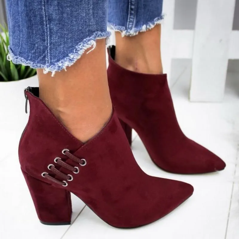 Woman Boots Pointed High Heels Shoes Solid Color Leather Ankle Boots Female Boots Fashion Thick Heel Back Zipper Women Shoes 1213