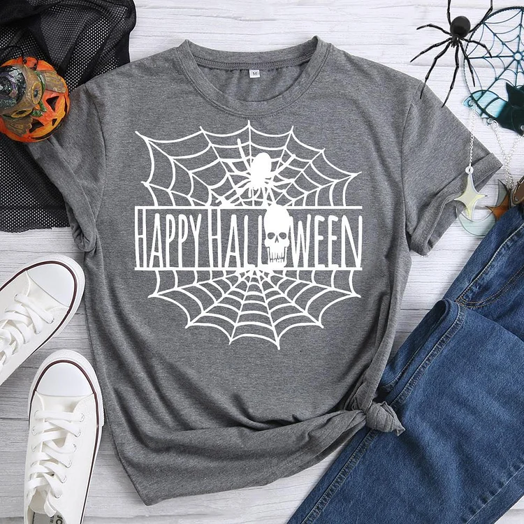 Happy Halloween Spooky Spider Web Skull T-Shirt-07158