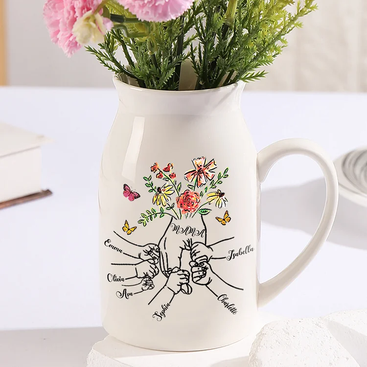 Personalisierte 6 Namen & Text Blume Hand in Hand Familie Vase