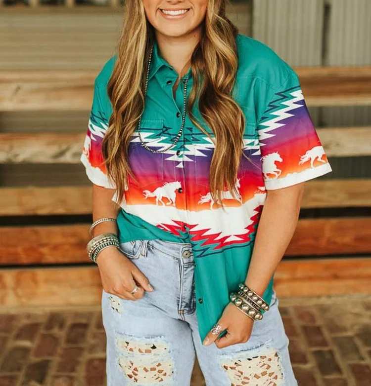 Women's western aztec Print Short Sleeve Shirt