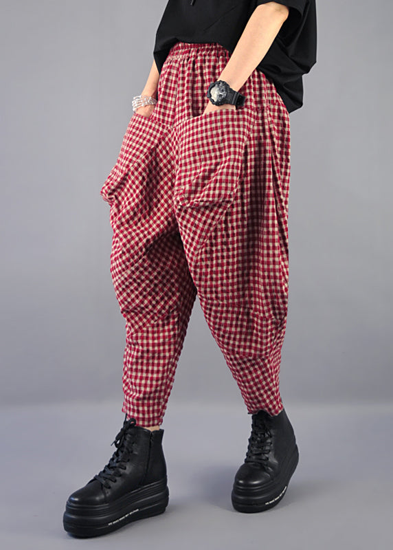 VCSHOES Plaid Pockets High Waist Cotton Harem Pants Spring
