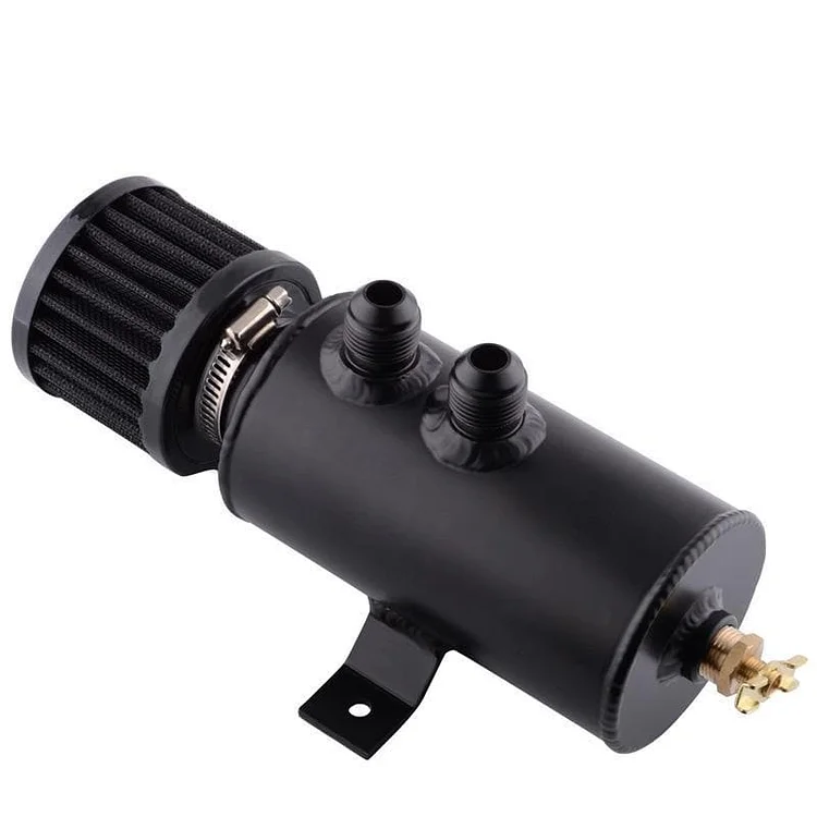 Aluminum 750ml Baffled Oil Catch Can Tank & Breather Filter 2x AN10 Twin Port Black/Silver