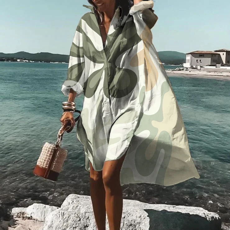 Abstract Leaf Print Long Sleeve Midi Dress