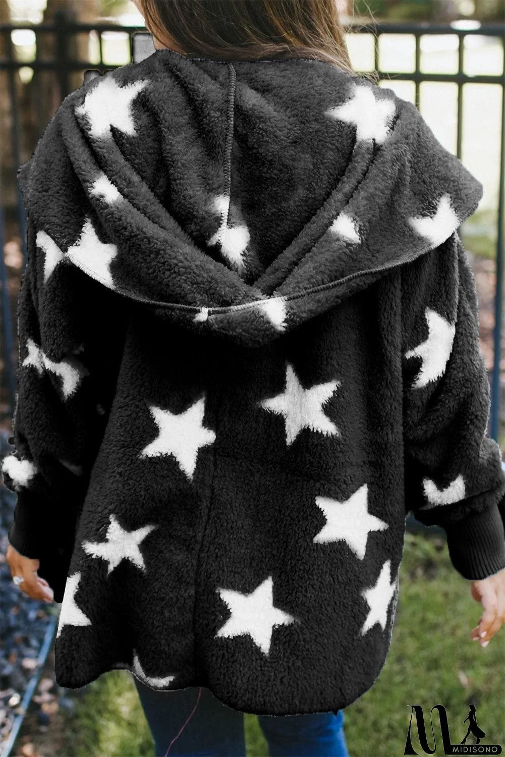 MidiSono - Lapel Collar Scatter Star Fuzzy Coat
