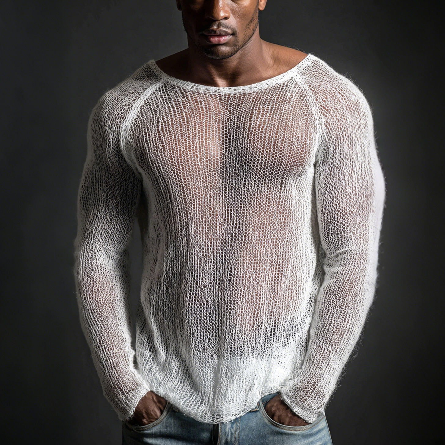 Deep V-Neck Long Sleeve Sheer Top for Men
