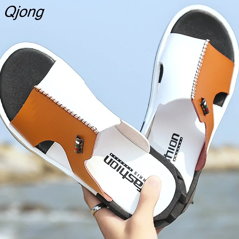 Qjong Waichuan Men's Summer Sandals Original Leather Comfortable Slip-on Casual Sandals Fashion Men Slippers Zapatillas Hombre