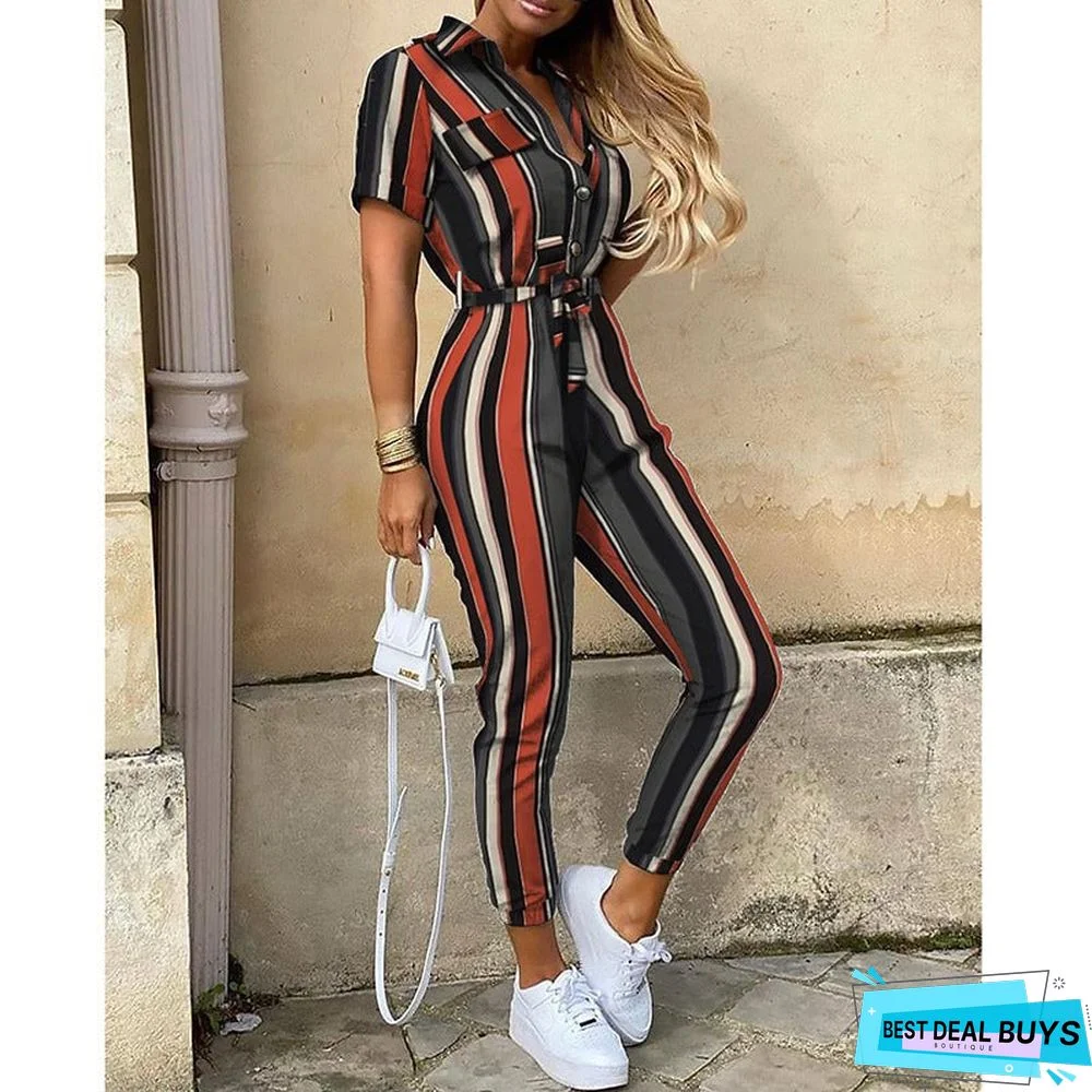 Women's Trousers Casual Lapel Buckle Printed One-Piece Pants