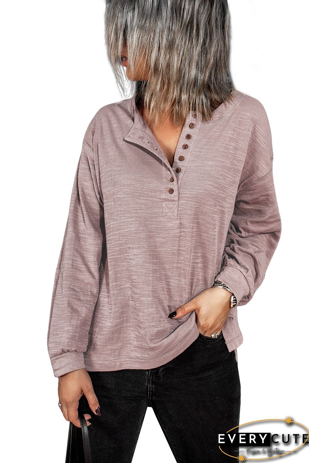 Pink Solid Color Buttoned Front Long Sleeve Top