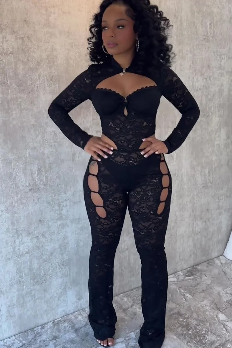 Long Sleeve Guipure Lace Cutout Bodycon Jumpsuit-Black [Pre Order]