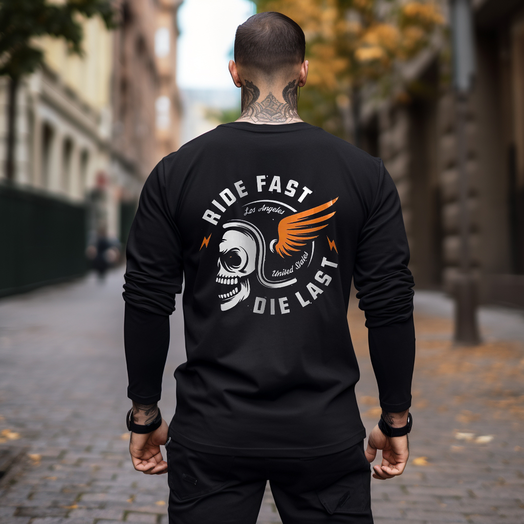 RIDE FAST DIE LAST Crazy Skull with a wings helmet Graphic Print Longsleeves Shirt
