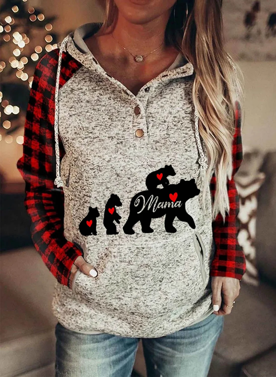 Mama Bear Plaid Hoodies Long SLeeve Button Pocketed Women's Drawstring Hoodies-PastoralHome-Allyzone