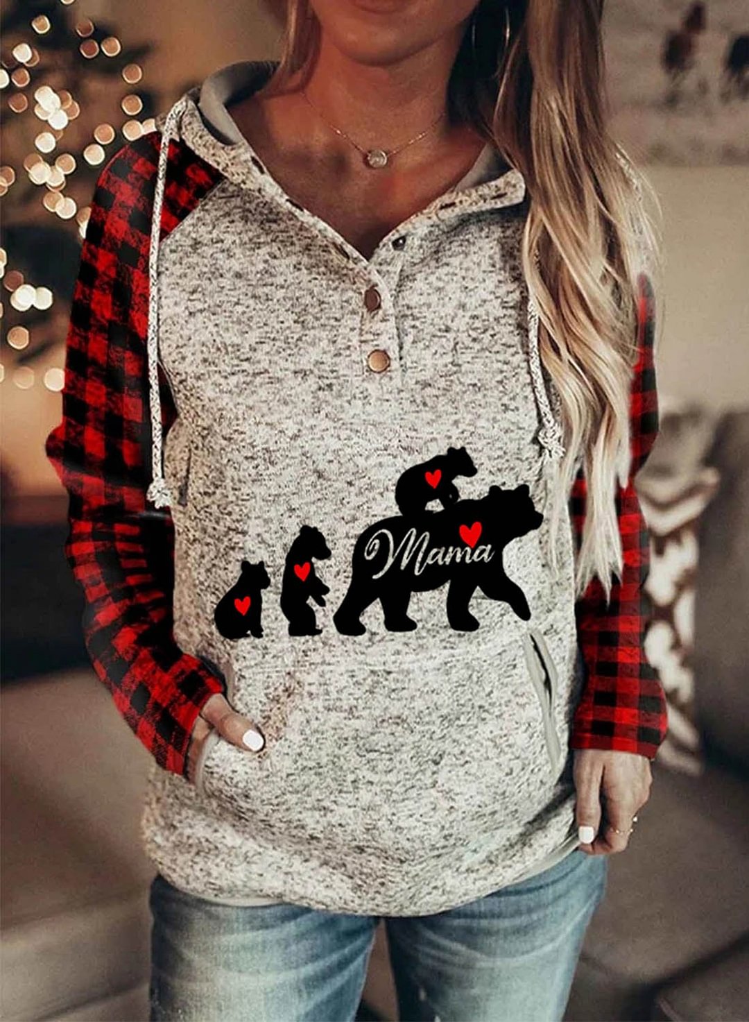 Mama Bear Plaid Hoodies Long SLeeve Button Pocketed Women's Drawstring Hoodies-PastoralHome-Allyzone