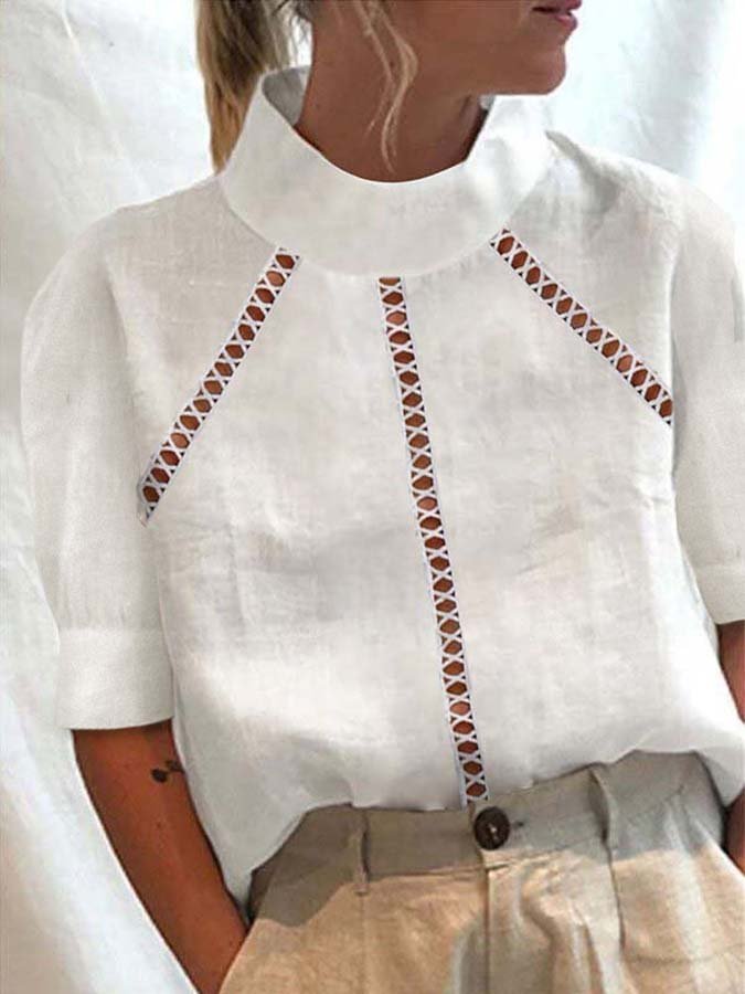 Women's Cotton Linen Turtleneck Lace Mid Sleeve Shirt