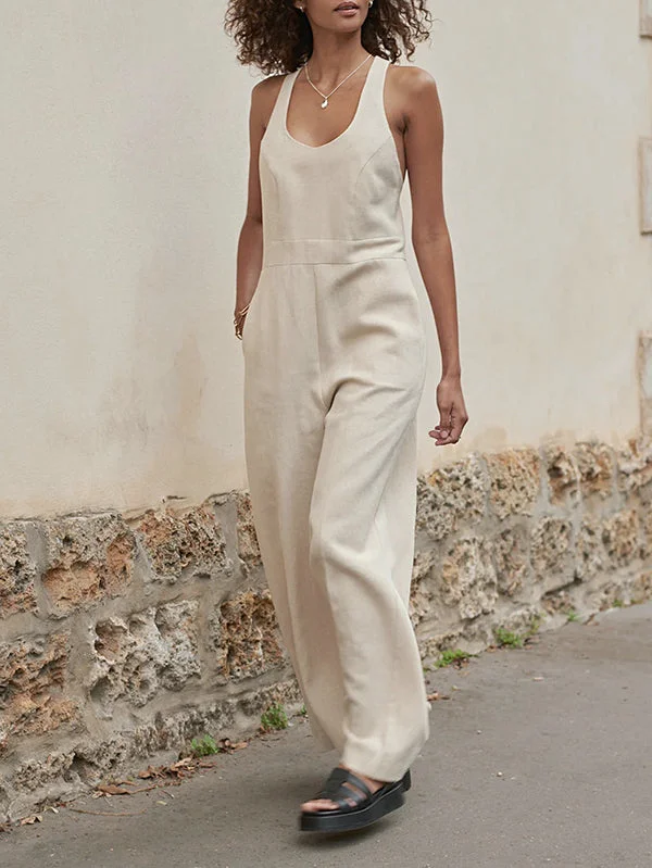 Pure Color Sleeveless Wide Leg Round-neck Jumpsuits