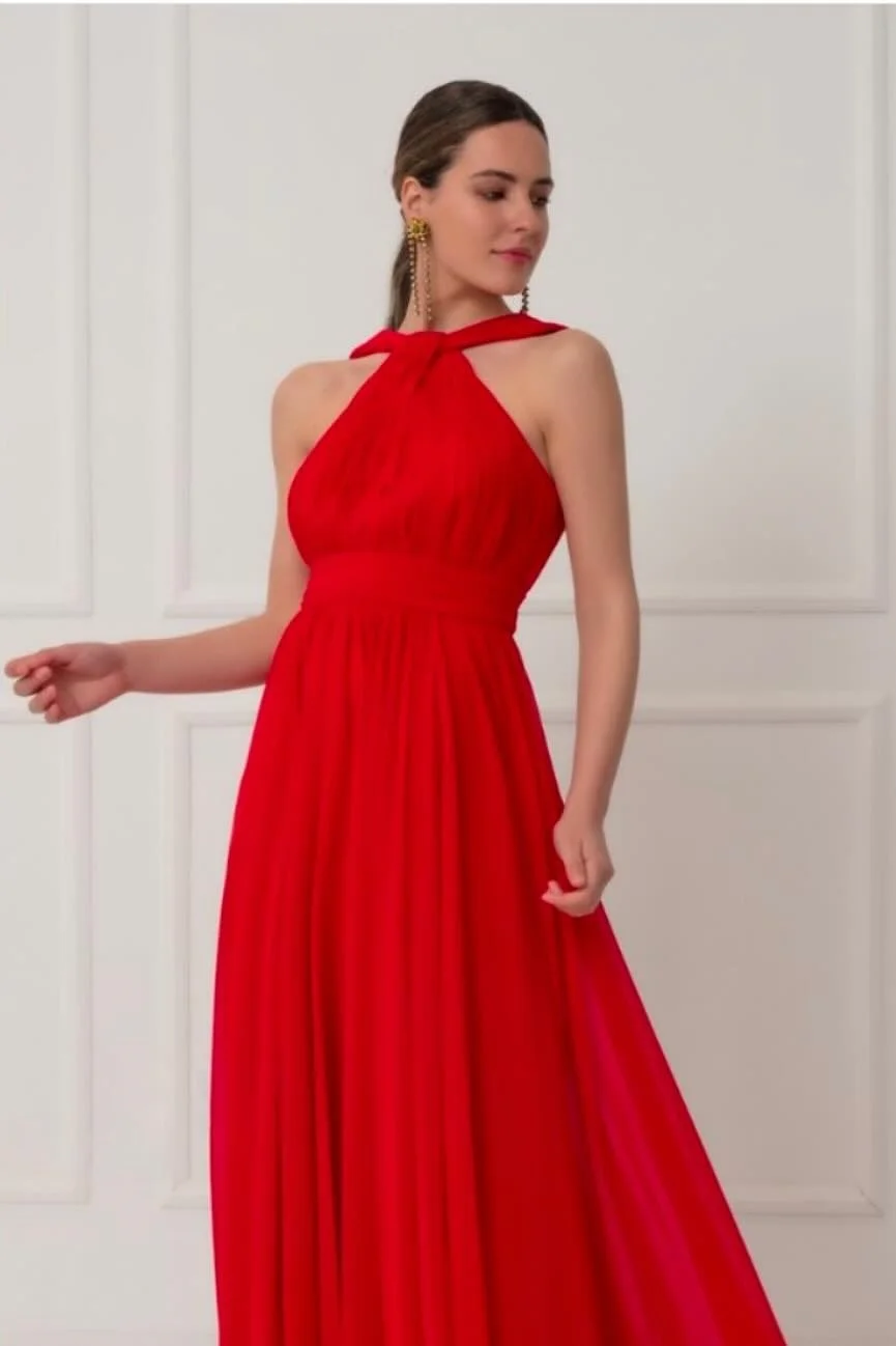 Daisda Red Simple Sleeveless Halter Strap A-Line Prom Dress