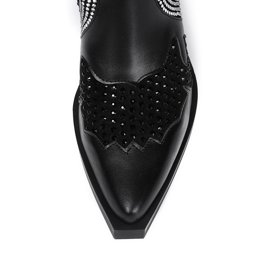 100mm Women's Rhinestone Retro Chunky Heel Western Cowgirl Boots Ankle Boots-MERUMOTE