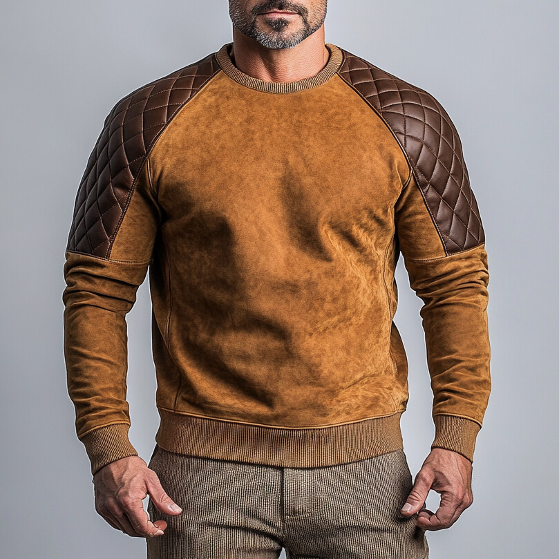 Men's Suede PU Leather Quilted Splicing Long Sleeve Sweatshirt