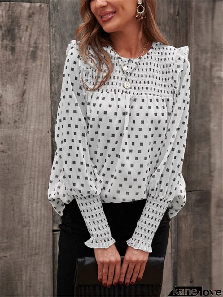 Flowy Polka Dot Lantern Long Sleeve Lightweight Ruffle Detailing Chiffon Blouse