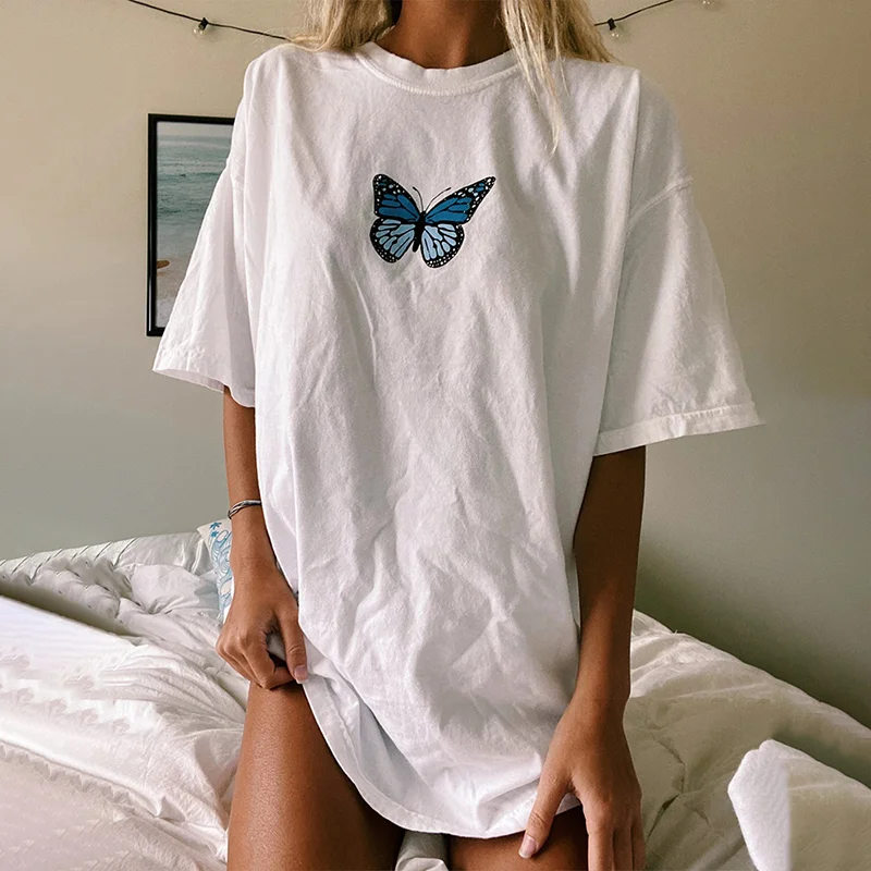 Casual Round Neck Short Sleeve Butterfly Print T-Shirt