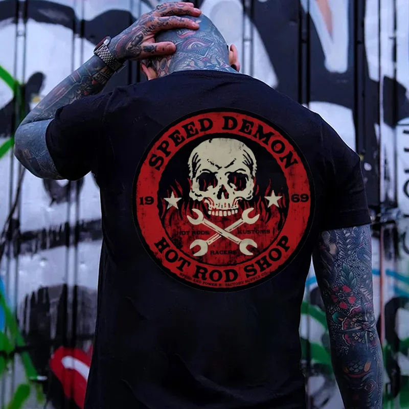 SPEED DEMON HOT ROD SHOP Skull Print Men's T-shirt