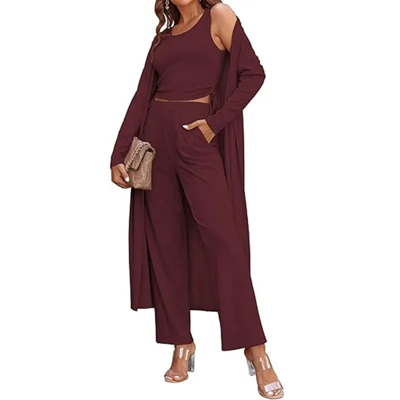 Women's 3 Piece Loungewear Set, Crop Cami Top + Wide Leg Pants + Long Cardigan