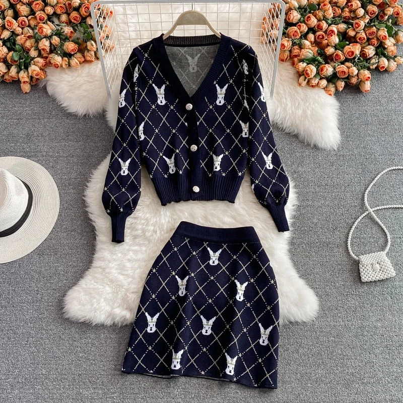 Graduation Gifts   Small Fragrance Vintage Knit Two Piece Set Women Sweater Cardigan Coat Crop Top + Mini Skirts Sets Fashion Casual 2 Piece Suits