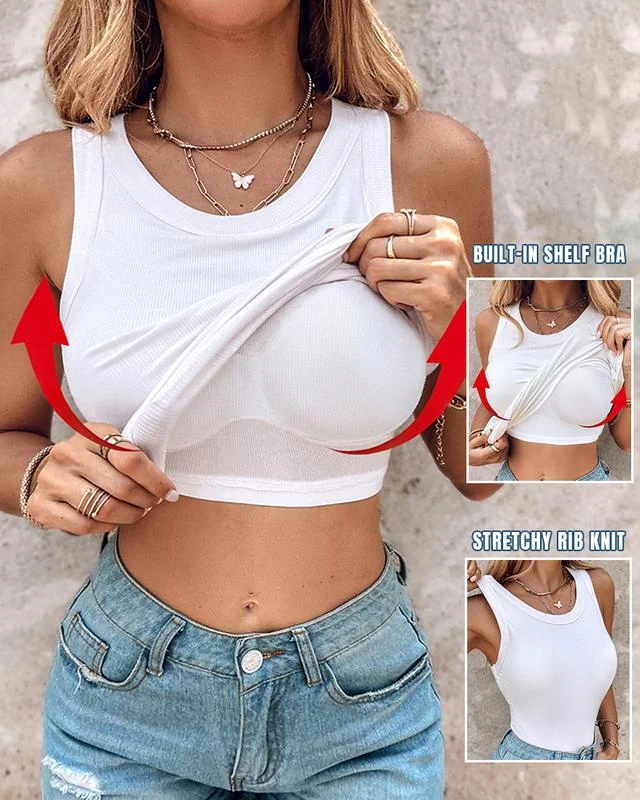 This Week's Special Price $19.99🍃Round Neck Built-in Bra Ribbed Tank Top Fit Casual Comfortable💥