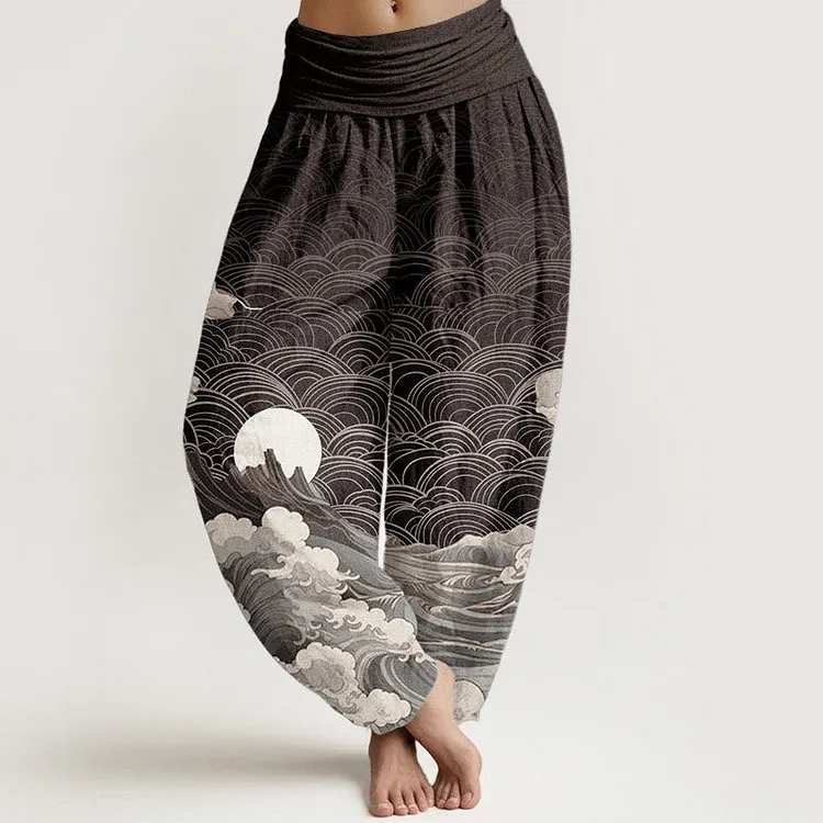 Pure Cotton Casual Wave Moon Mountain Pattern Women's Elastic Waist Harem Pants