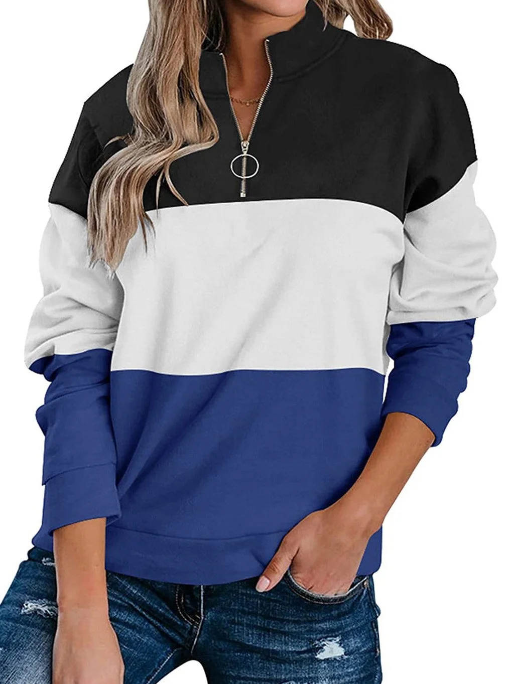 Women Long Sleeve Turtle Neck Colorblock Top
