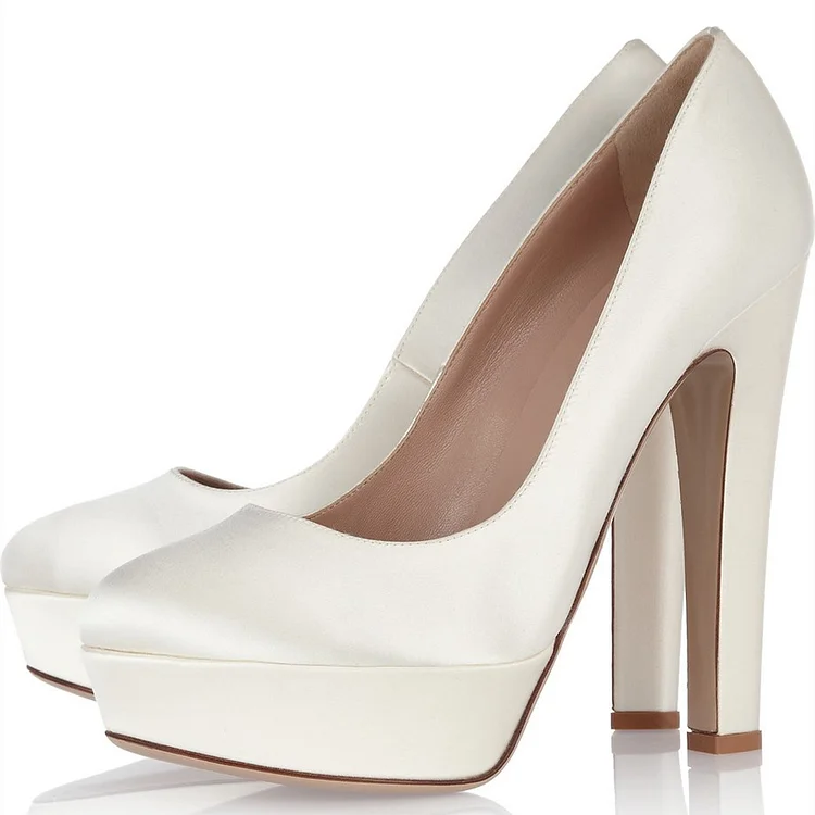 White Satin Chunky Heel Pumps Round Toe Platform Wedding Heels |FSJ Shoes