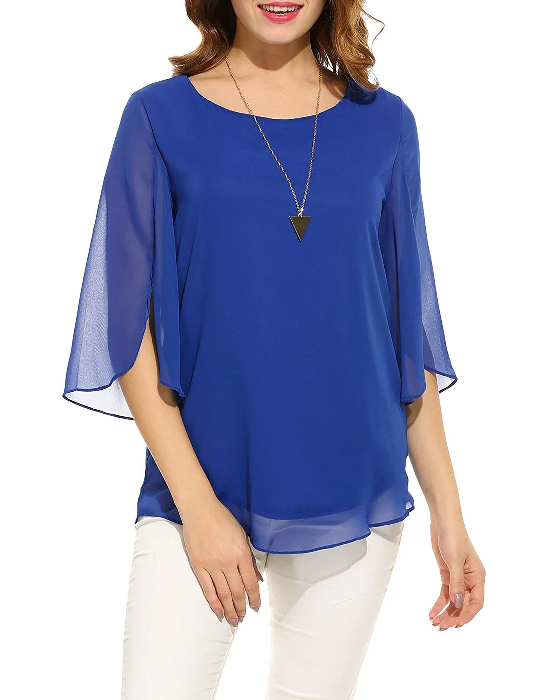 Womens Casual Scoop Neck Loose Top 3/4 Sleeve Chiffon Blouse Shirt Tops