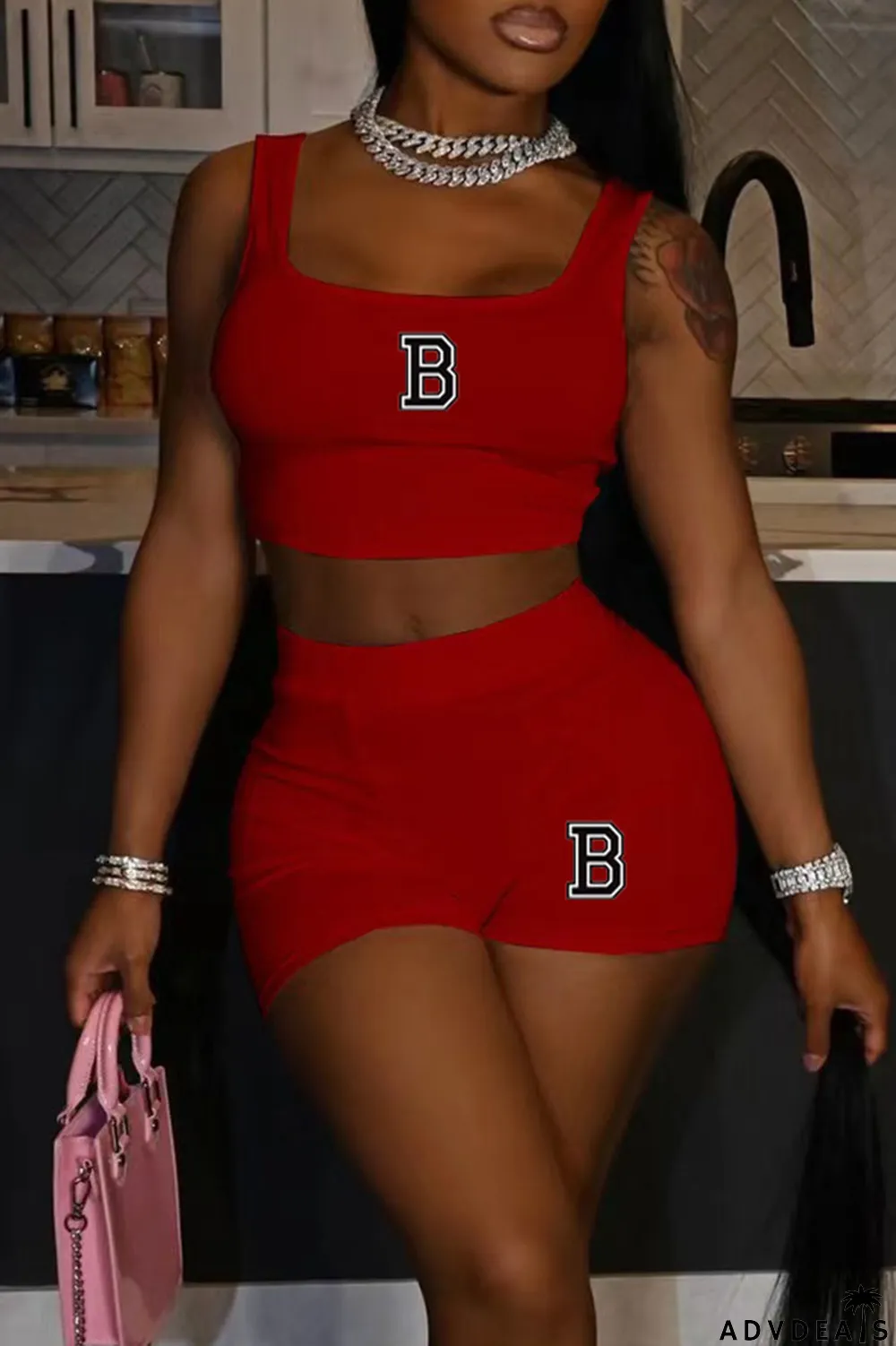 Orange Casual Print Patchwork U Neck Two Pieces