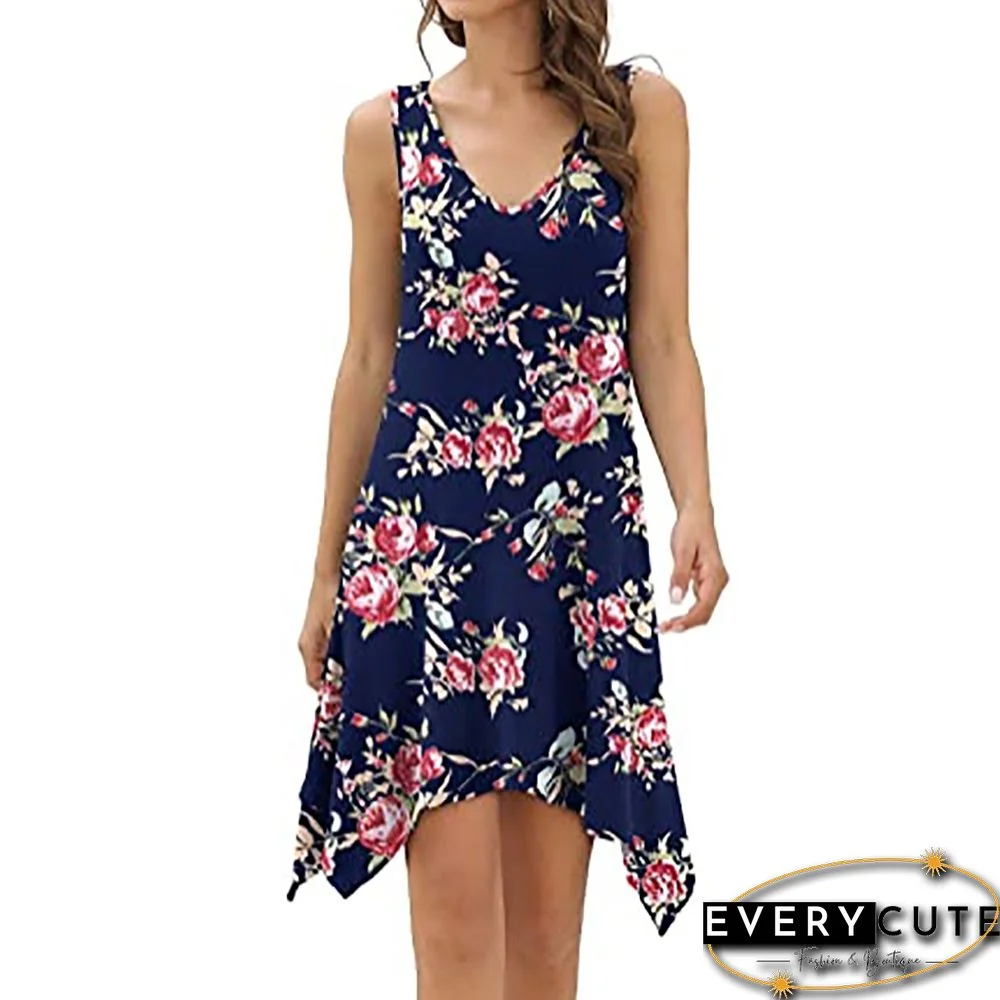 Navy Blue Floral Print Sleeveless Tank Dress