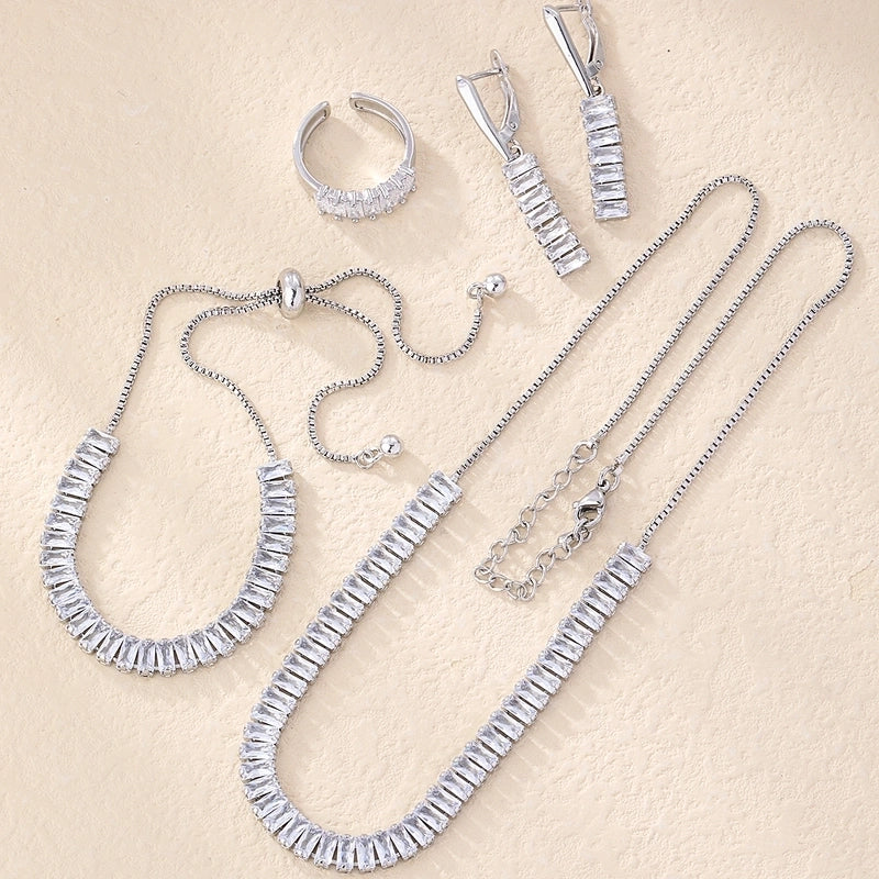 304 Stainless Steel Copper Rhodium Plated Minimalist Shiny Inlay Geometric Rectangle Zircon Rings Earrings Necklace