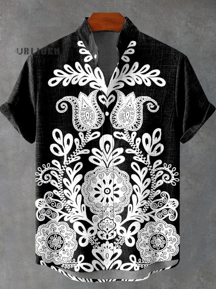 White Braided Style Floral Decorative Pattern On Black Background Casual 100% Cotton Shirt
