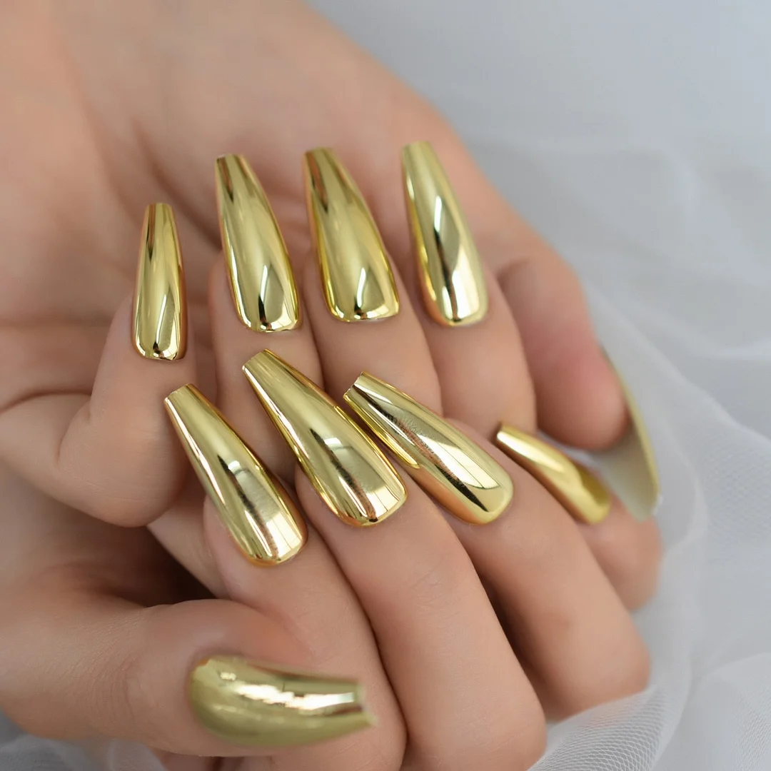 Metallic Coffin Nail Tips False Nails Long Ballerina Gold Mirror Fake Nails Press On Full Set For Fingernail Decorations
