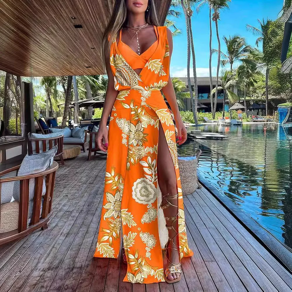 Athvotar Hot Style Summer Sleeveless V-Neck Print Hem Slit Dress Woman