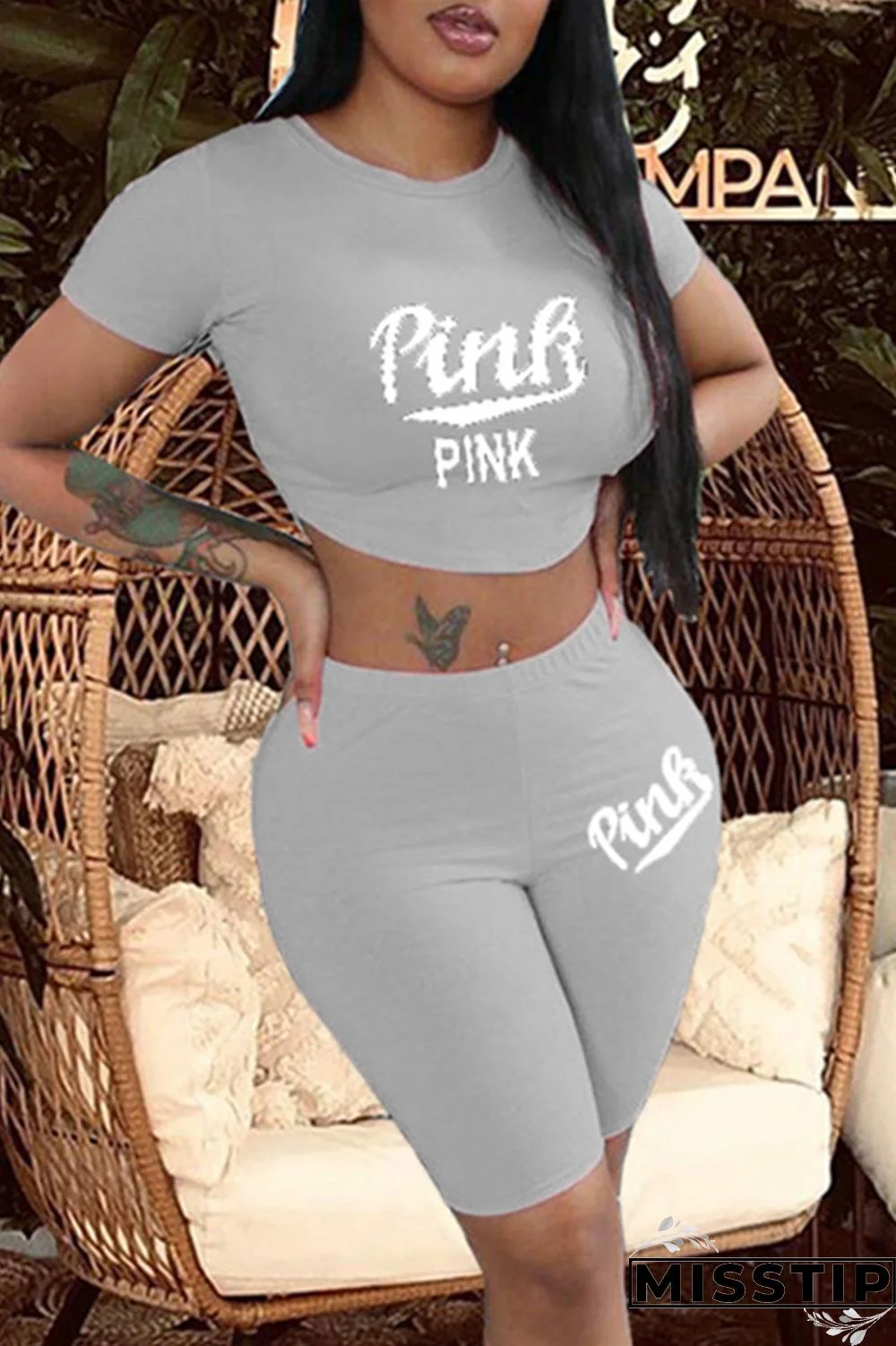 Silver Fashion Casual Letter Print Basic O Neck Short Sleeve Two Pieces