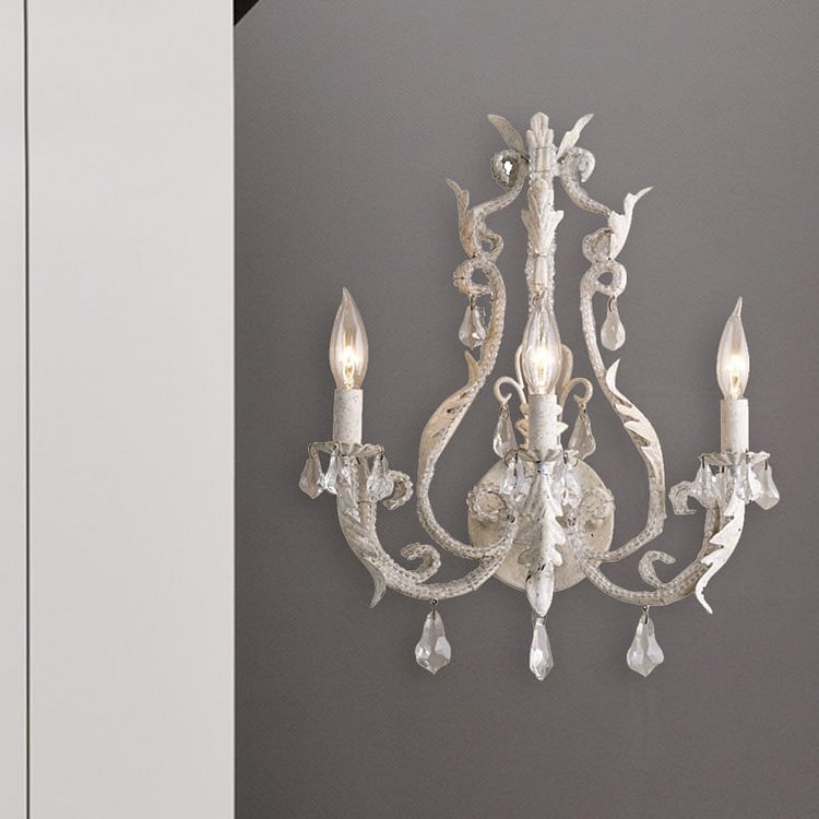 Traditionalism Candlestick Wall Mount Lamp 3 Heads Draped Crystal Wall Sconce Lighting in Grey/Ivory