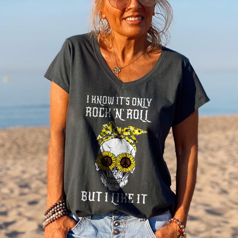 Exquisitely Dressed Sunflower Skeleton I Know It's Only Rock'N' Roll But I Like It Printed Tees