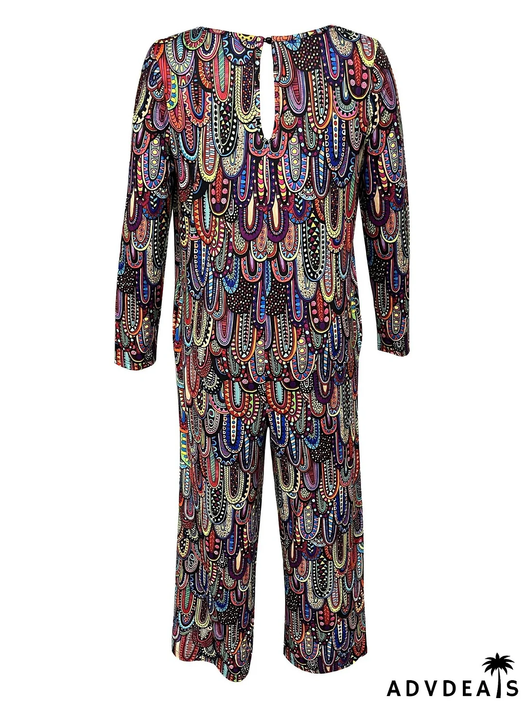 Women Print Casual Round Neck Loose Long Sleeve Jumpsuit